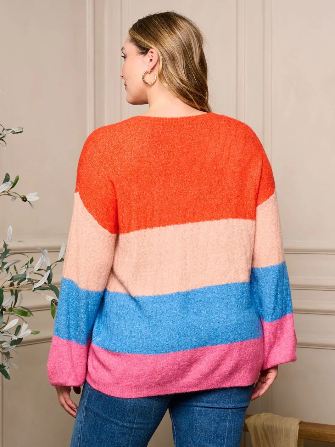 PLUS SIZE LONG SLEEVE V-NECK PULLOVER COLORBLOCK SWEATER