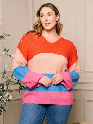 PLUS SIZE LONG SLEEVE V-NECK PULLOVER COLORBLOCK SWEATER