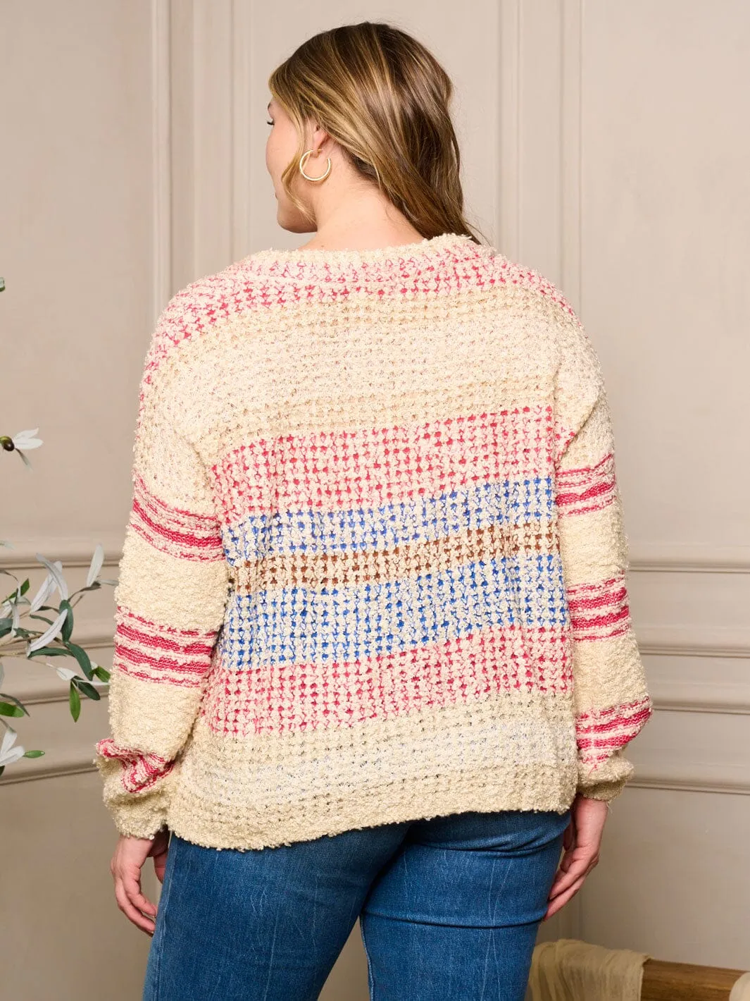 PLUS SIZE LONG SLEEVE V-NECK PULLOVER MULTI COLORS SWEATER
