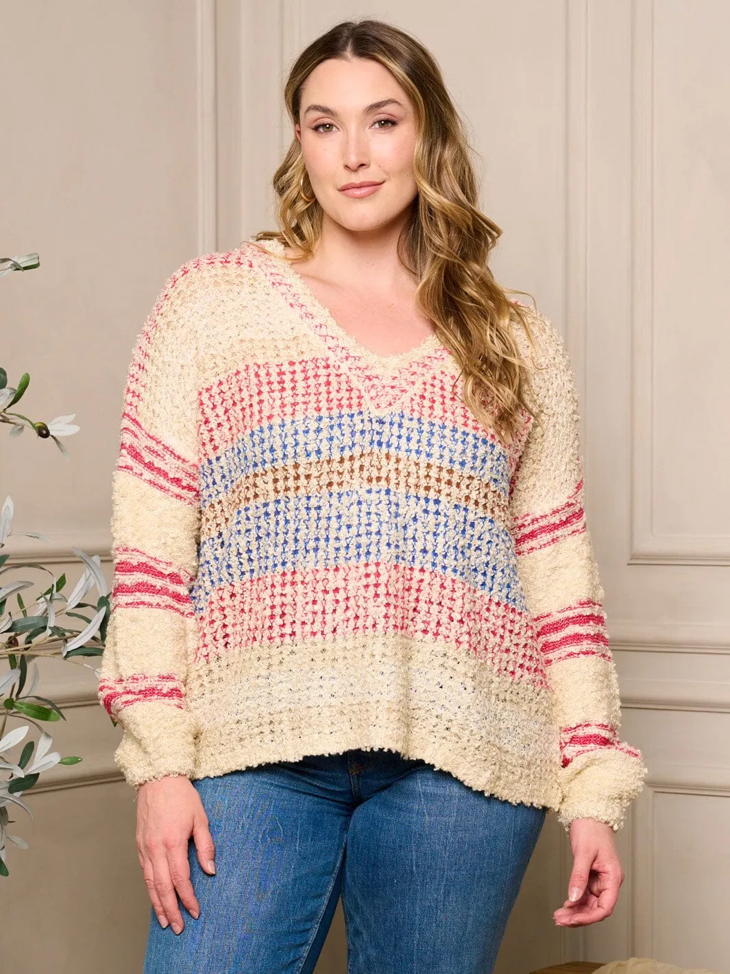 PLUS SIZE LONG SLEEVE V-NECK PULLOVER MULTI COLORS SWEATER
