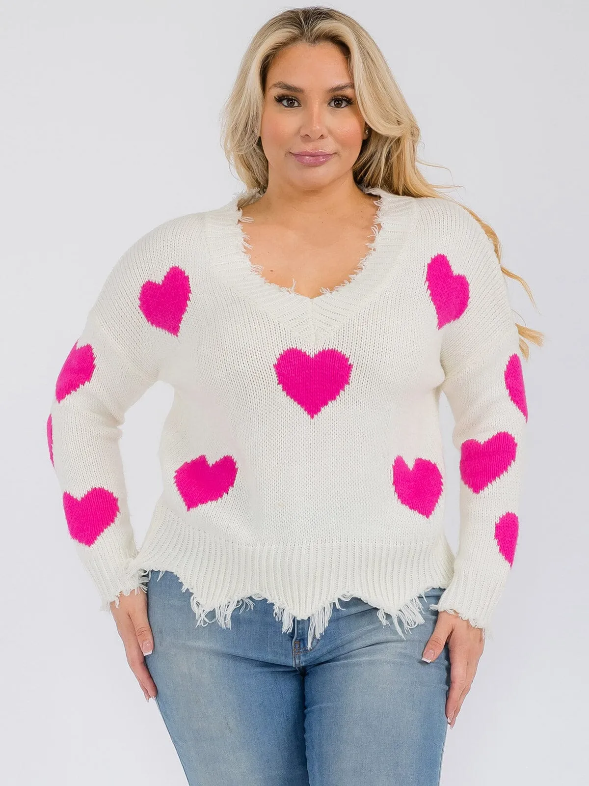 PLUS SIZE LONG SLEEVE V-NECK TRIM DETAILED HEARTS PRINT PULLOVER SWEATER