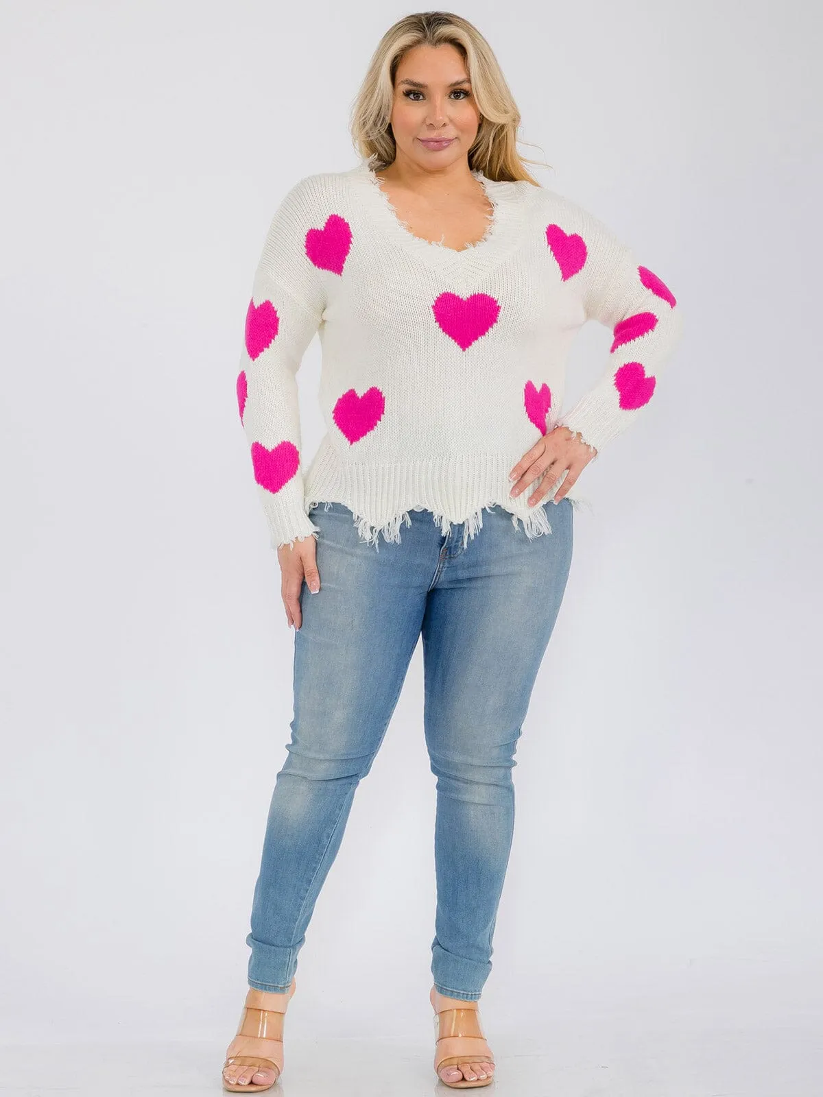 PLUS SIZE LONG SLEEVE V-NECK TRIM DETAILED HEARTS PRINT PULLOVER SWEATER