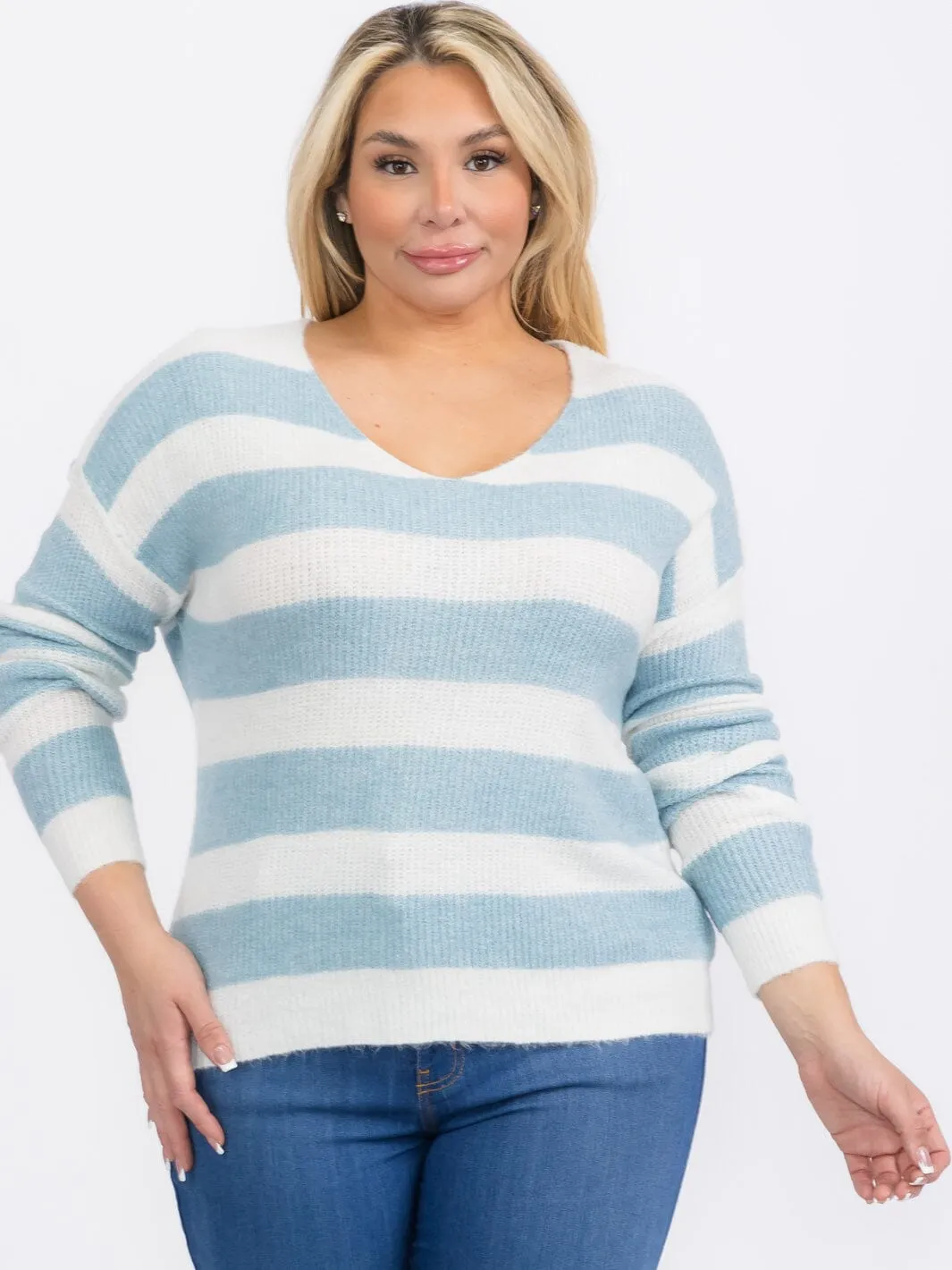 PLUS SIZE LONG SLEEVES PULLOVER V-NECK COLORBLOCK STRIPES SWEATER