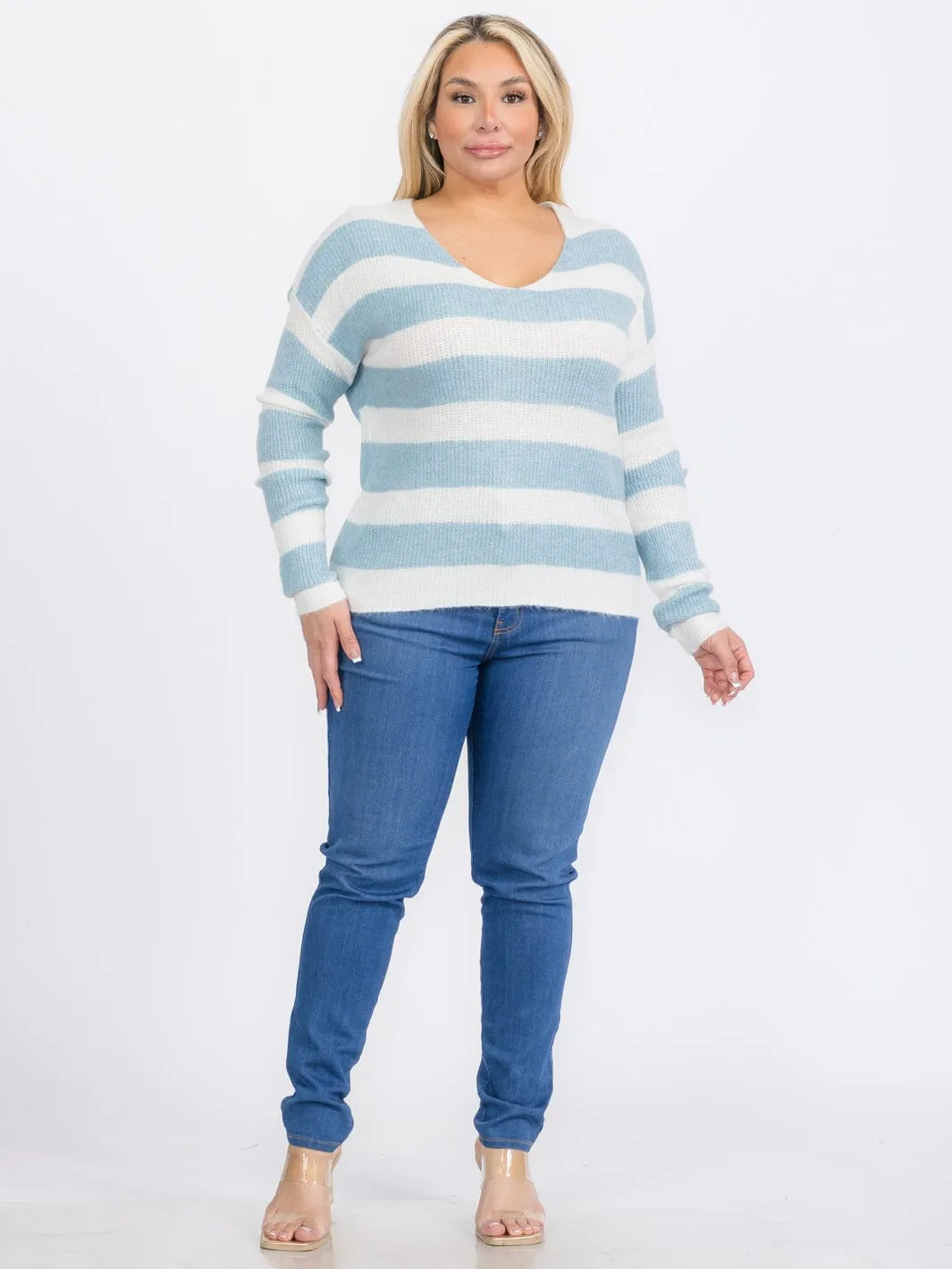 PLUS SIZE LONG SLEEVES PULLOVER V-NECK COLORBLOCK STRIPES SWEATER