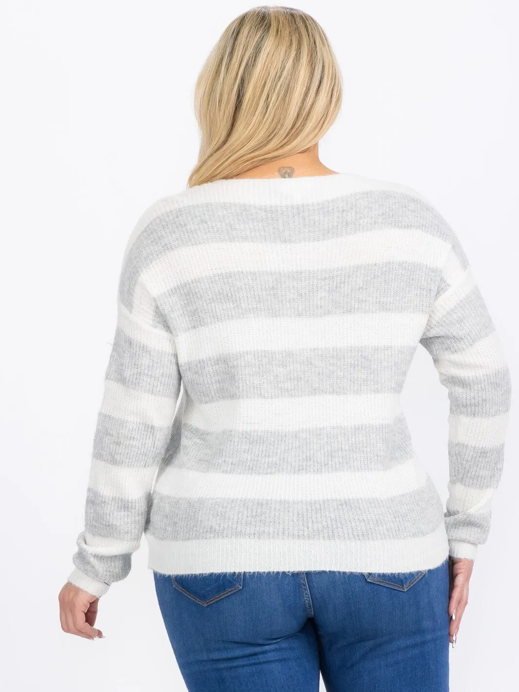 PLUS SIZE LONG SLEEVES PULLOVER V-NECK COLORBLOCK STRIPES SWEATER