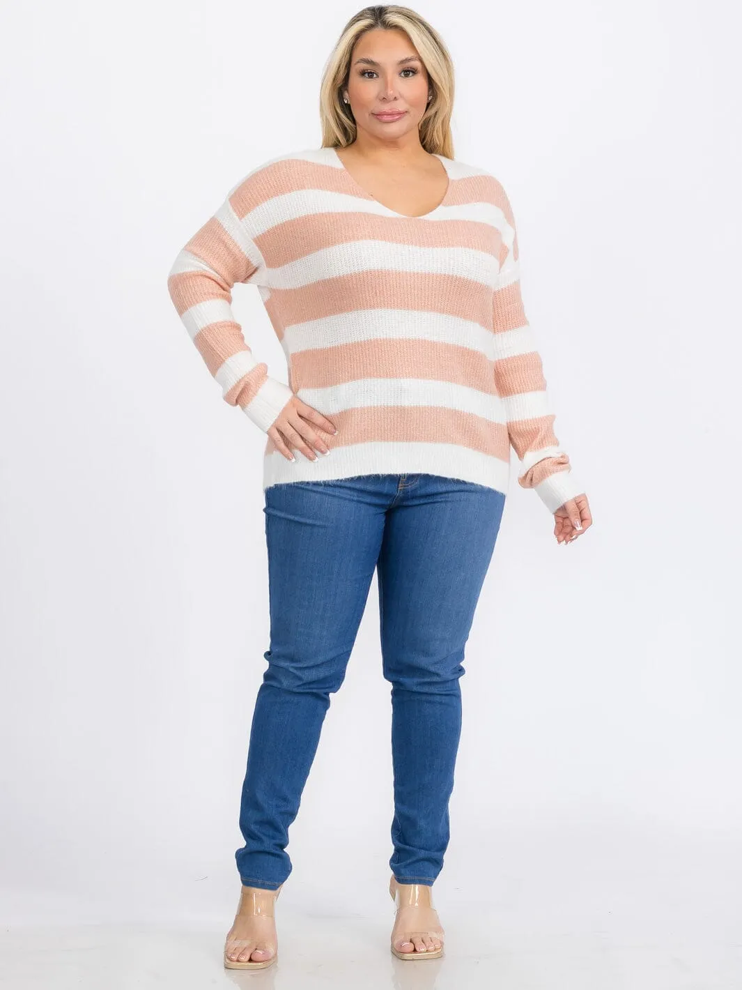 PLUS SIZE LONG SLEEVES PULLOVER V-NECK COLORBLOCK STRIPES SWEATER