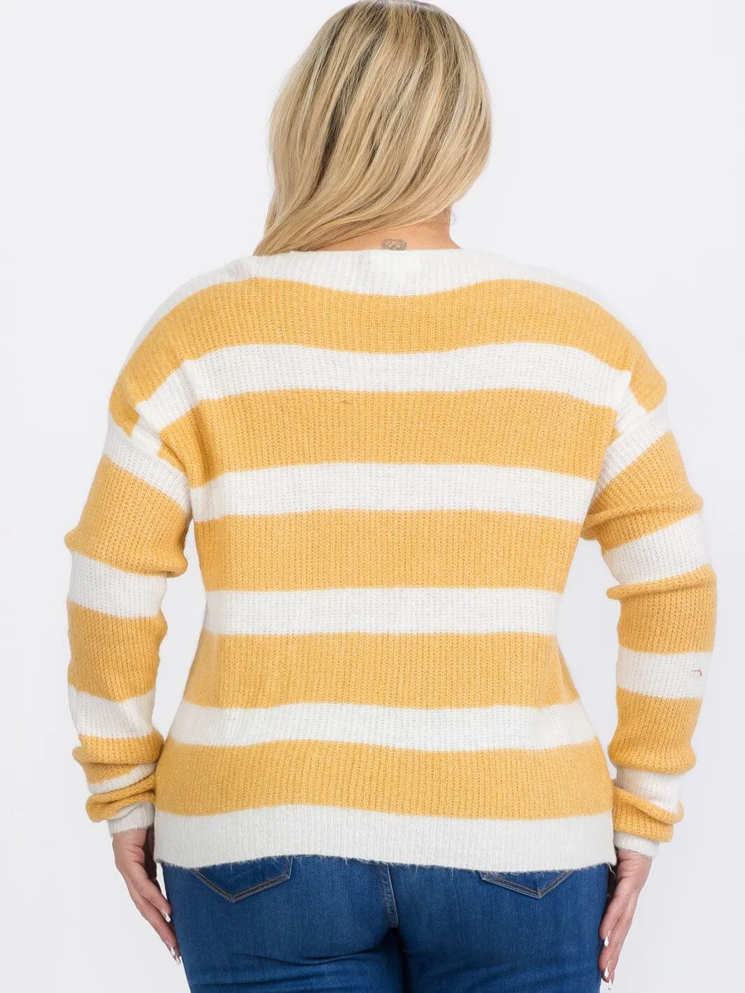 PLUS SIZE LONG SLEEVES PULLOVER V-NECK COLORBLOCK STRIPES SWEATER
