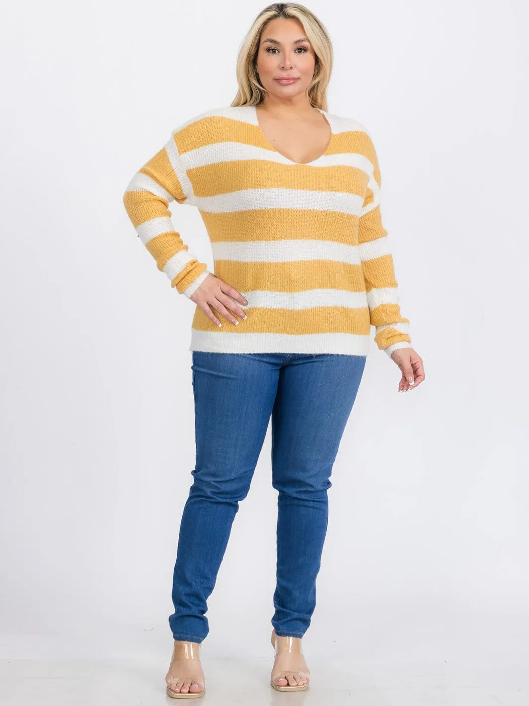 PLUS SIZE LONG SLEEVES PULLOVER V-NECK COLORBLOCK STRIPES SWEATER