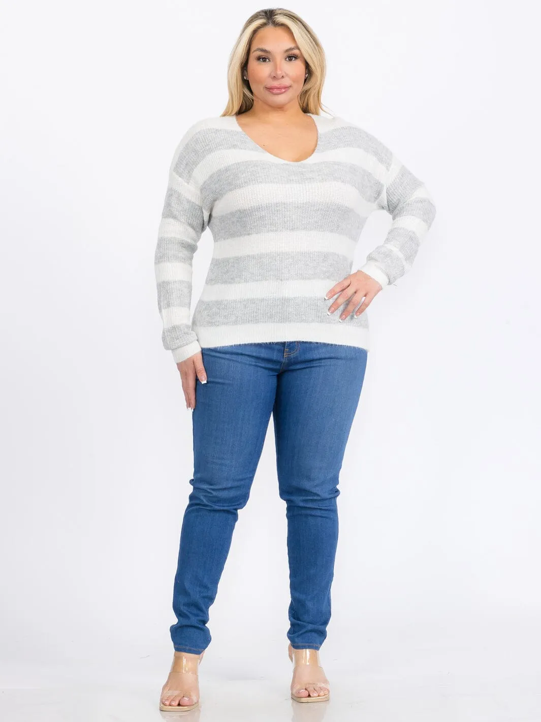 PLUS SIZE LONG SLEEVES PULLOVER V-NECK COLORBLOCK STRIPES SWEATER