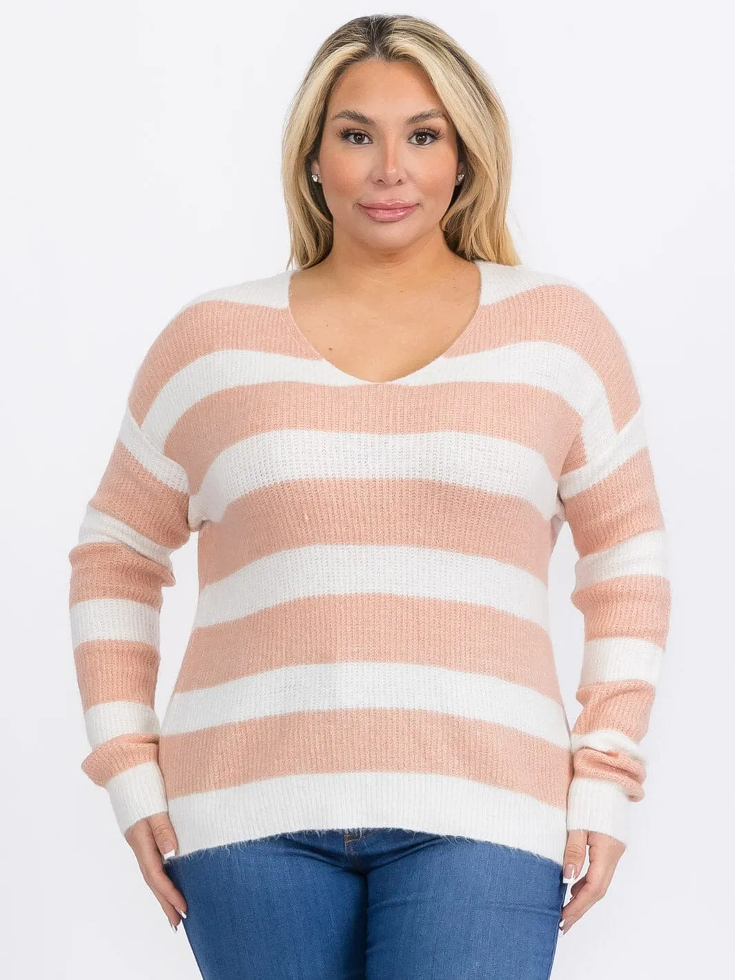 PLUS SIZE LONG SLEEVES PULLOVER V-NECK COLORBLOCK STRIPES SWEATER