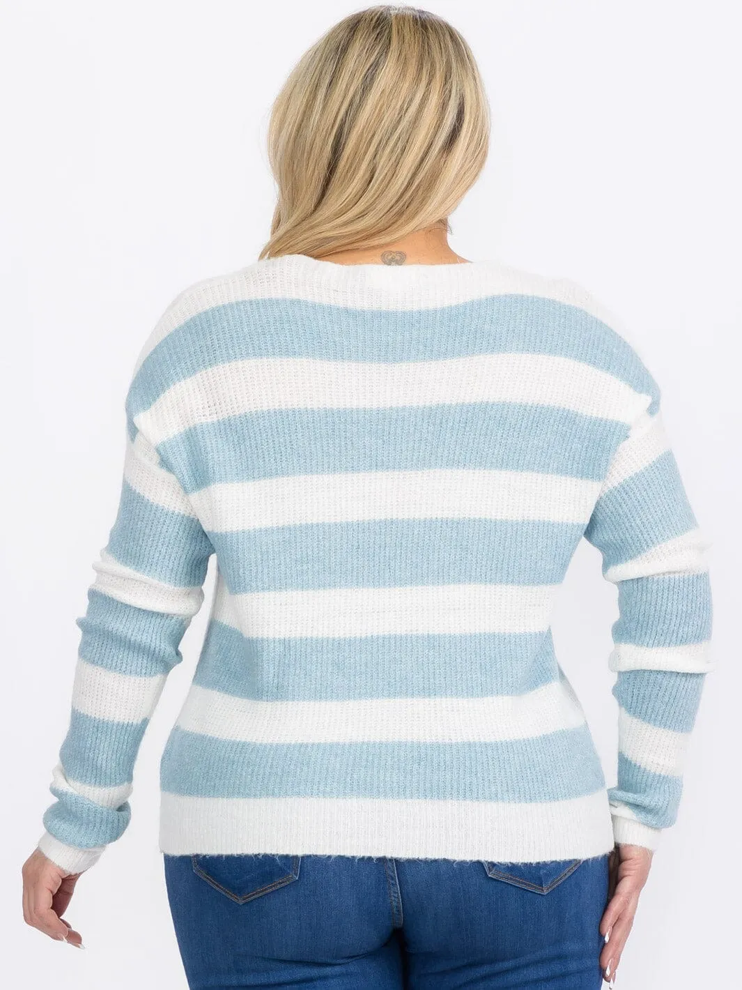 PLUS SIZE LONG SLEEVES PULLOVER V-NECK COLORBLOCK STRIPES SWEATER