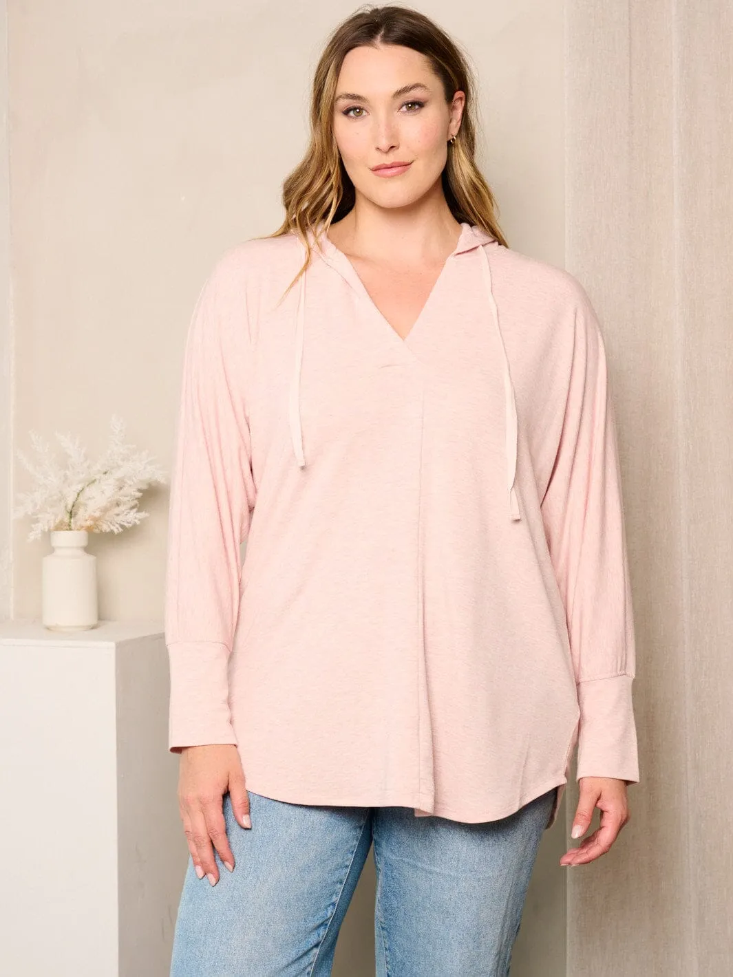PLUS SIZE LONG SLEEVES V-NECK HOODED TUNIC TOP