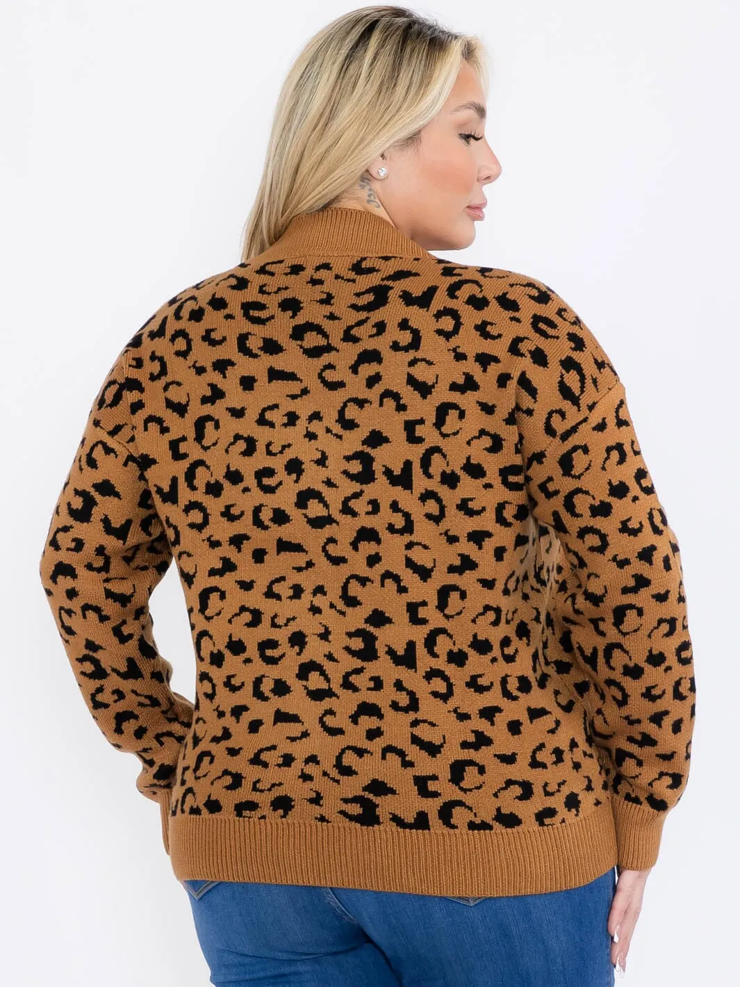 PLUS SIZE LONG SLEEVES V-NECK PULLOVER COLORBLOCK ANIMAL PRINT SWEATER