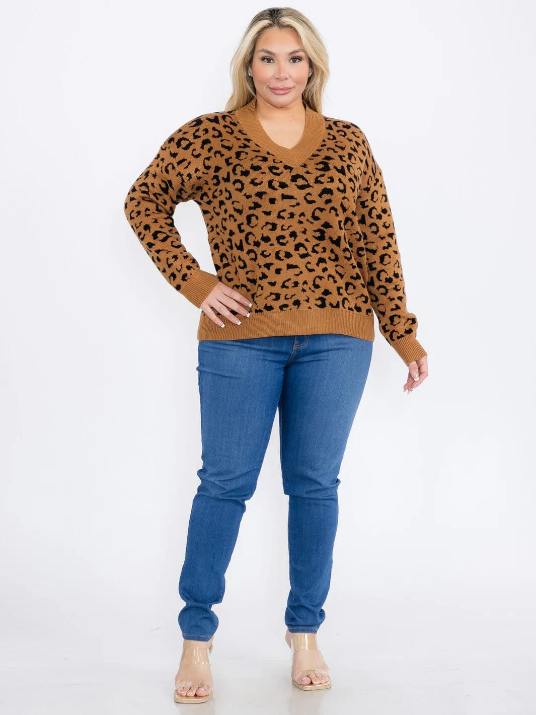 PLUS SIZE LONG SLEEVES V-NECK PULLOVER COLORBLOCK ANIMAL PRINT SWEATER