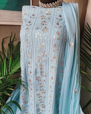 Powder Blue Designer Fancy Chikankari Gota Patti Salwar Kameez Unstitched