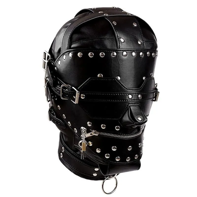 "Steampunk Knight" - Unisex Leather Rivet Mask With Mouth Zip&Collar Handcraft Blindfold Open Mouth Slave Bondage
