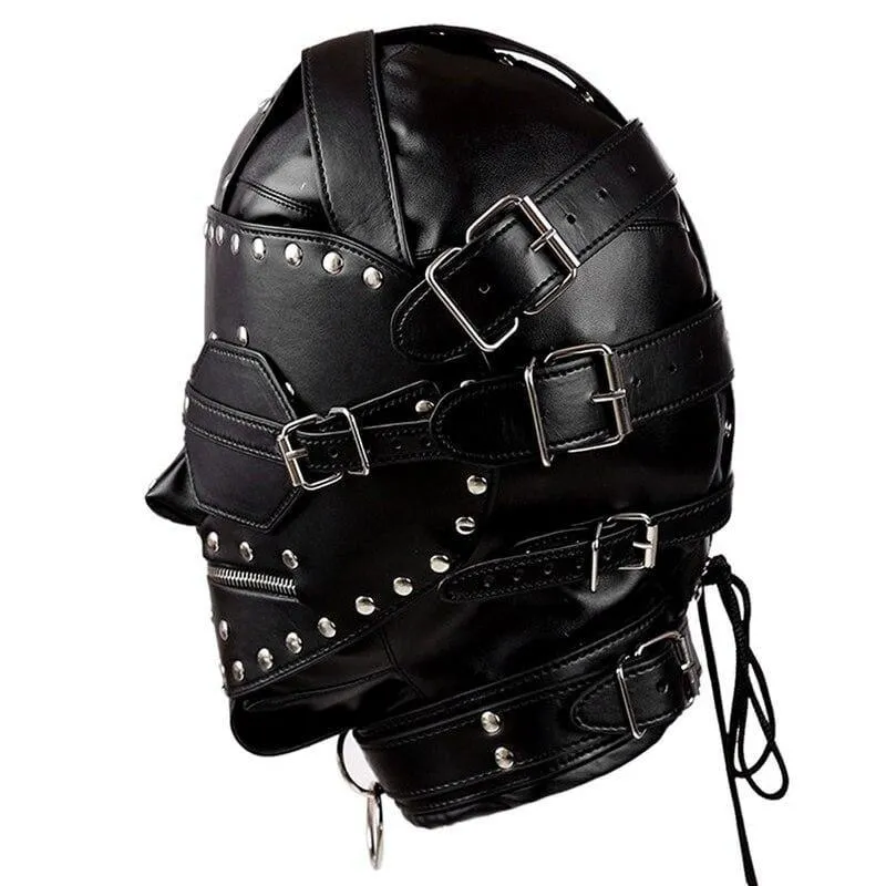 "Steampunk Knight" - Unisex Leather Rivet Mask With Mouth Zip&Collar Handcraft Blindfold Open Mouth Slave Bondage