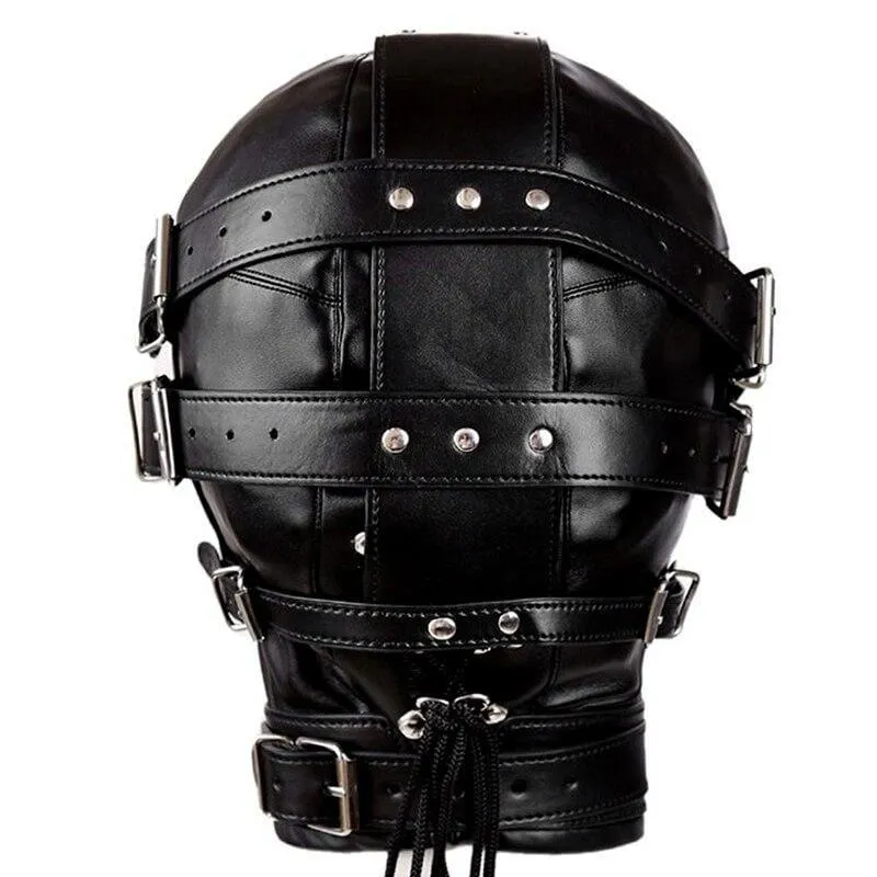 "Steampunk Knight" - Unisex Leather Rivet Mask With Mouth Zip&Collar Handcraft Blindfold Open Mouth Slave Bondage