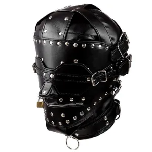 "Steampunk Knight" - Unisex Leather Rivet Mask With Mouth Zip&Collar Handcraft Blindfold Open Mouth Slave Bondage