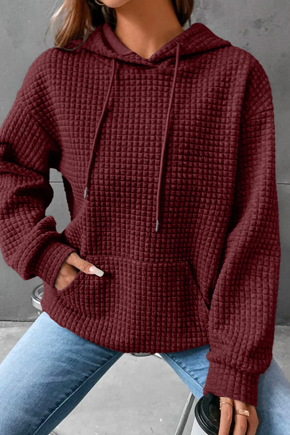 Red Quilted Kangaroo Pocket Drawstring Hoodie