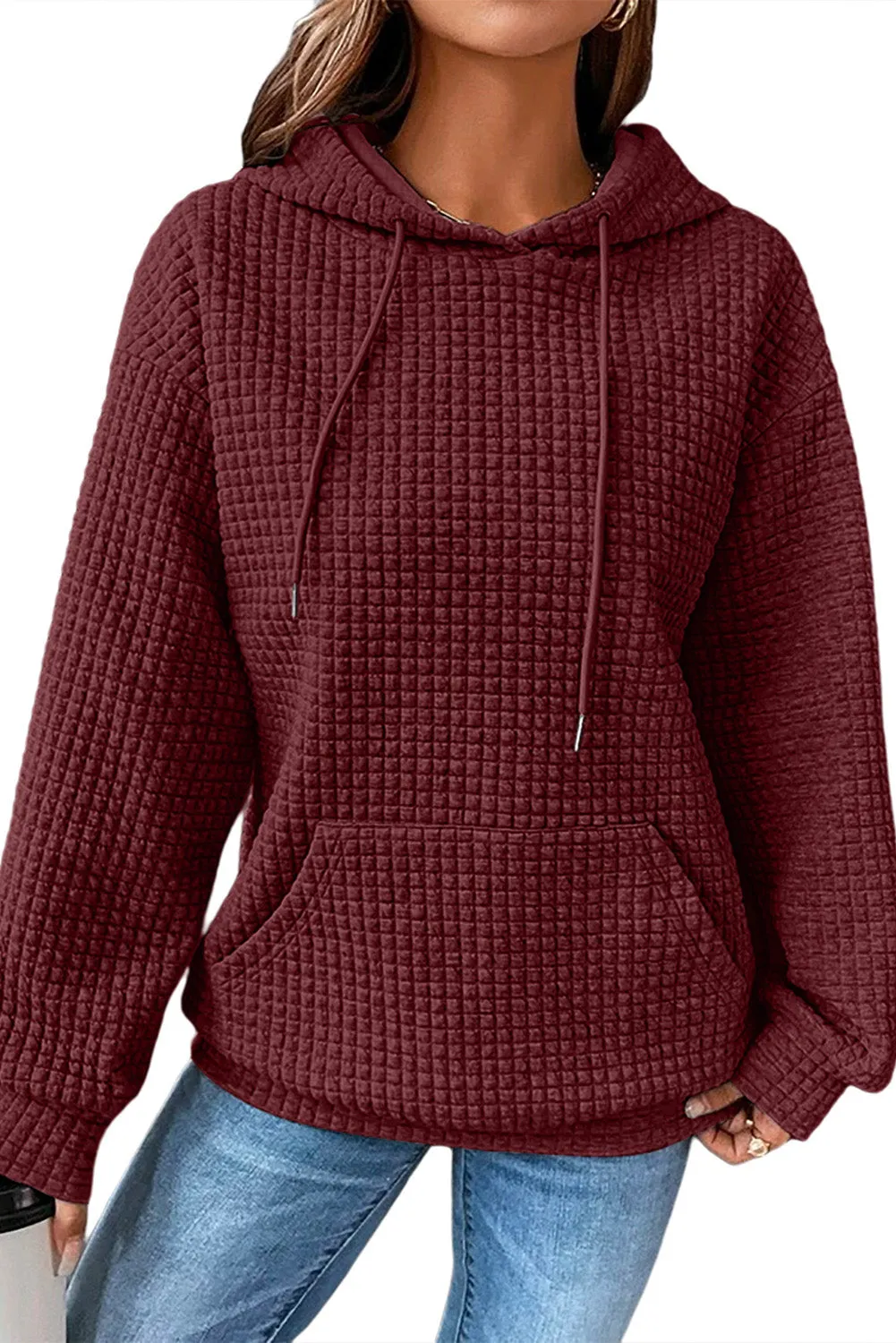Red Quilted Kangaroo Pocket Drawstring Hoodie