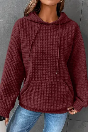 Red Quilted Kangaroo Pocket Drawstring Hoodie