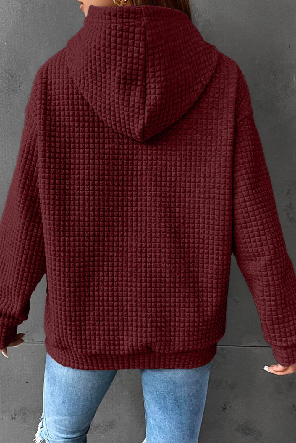 Red Quilted Kangaroo Pocket Drawstring Hoodie