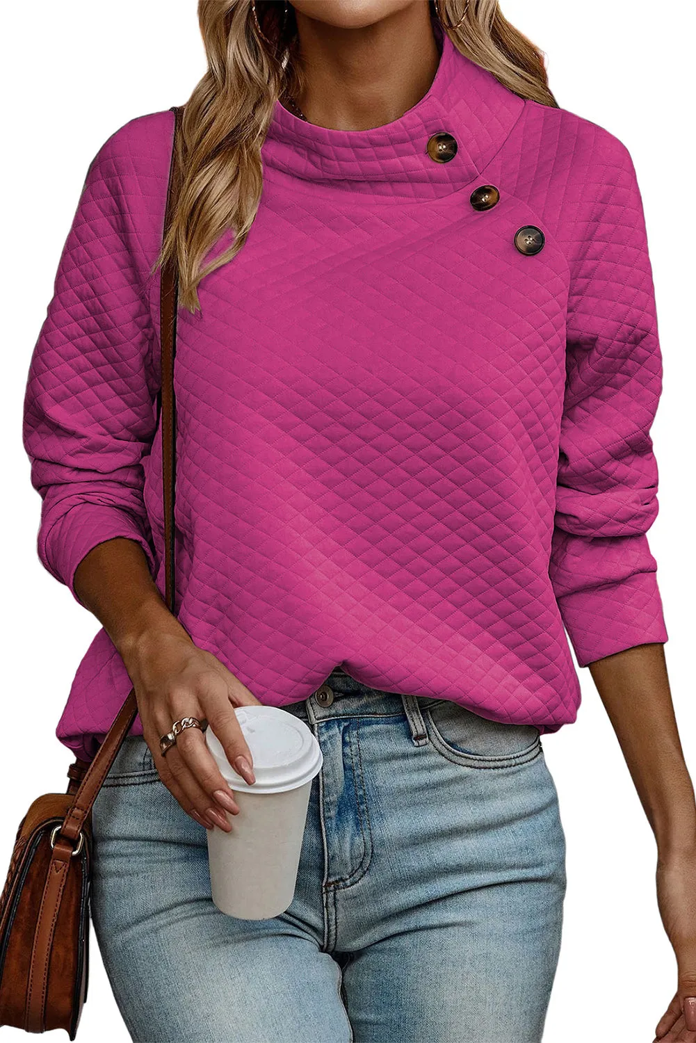Rose Red Quilted Buttoned Round Neck Pullover Sweatshirt