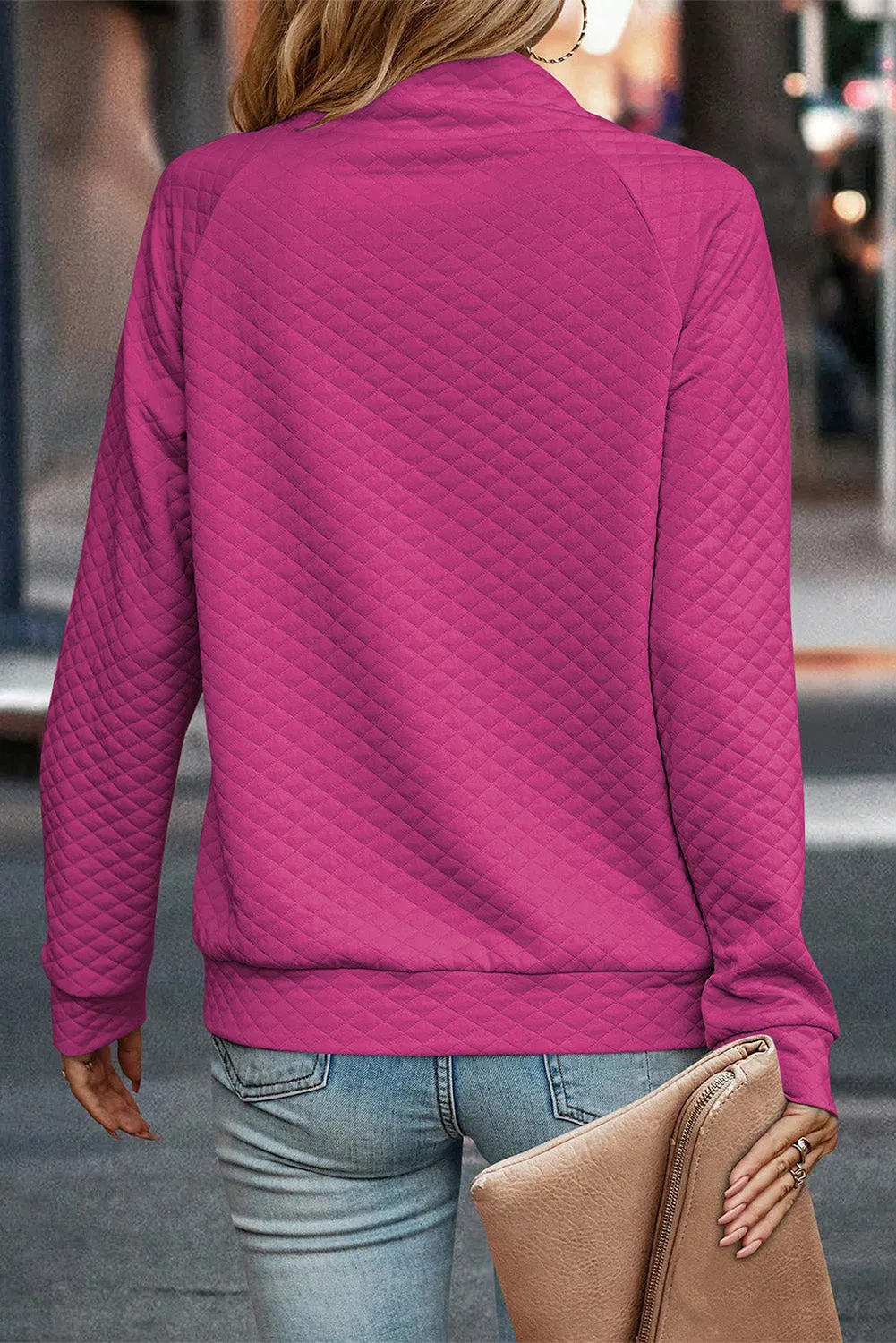 Rose Red Quilted Buttoned Round Neck Pullover Sweatshirt