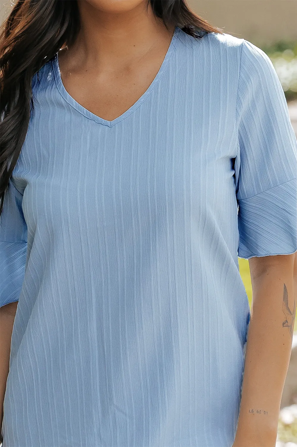 Ruffled V Neck Textured Top