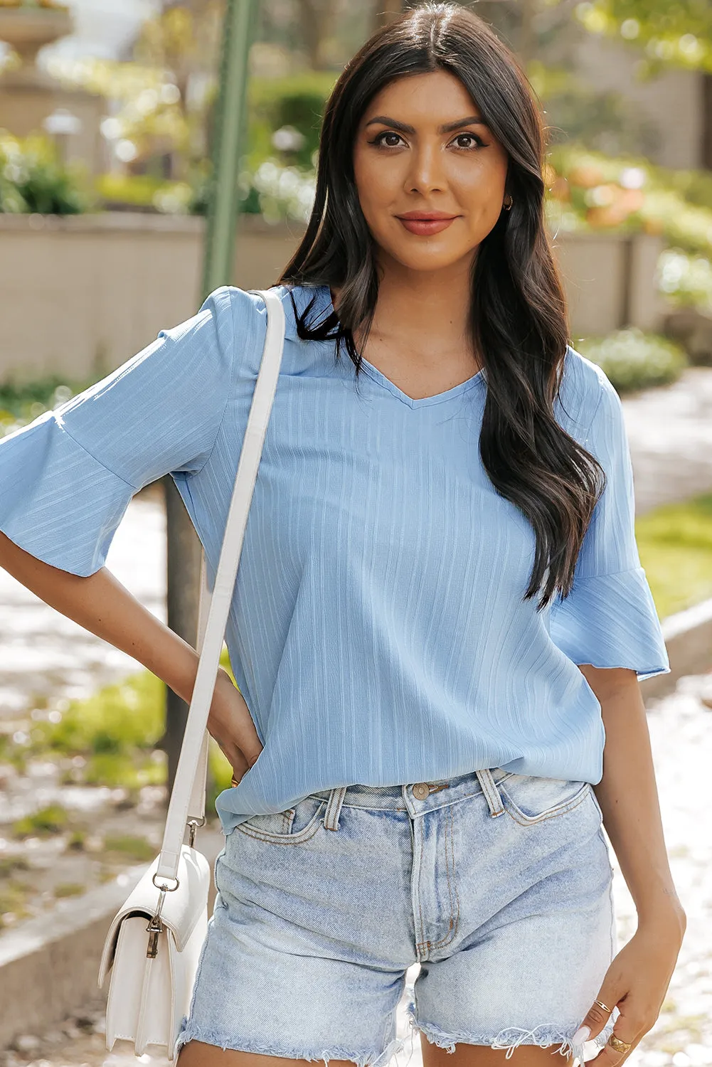 Ruffled V Neck Textured Top