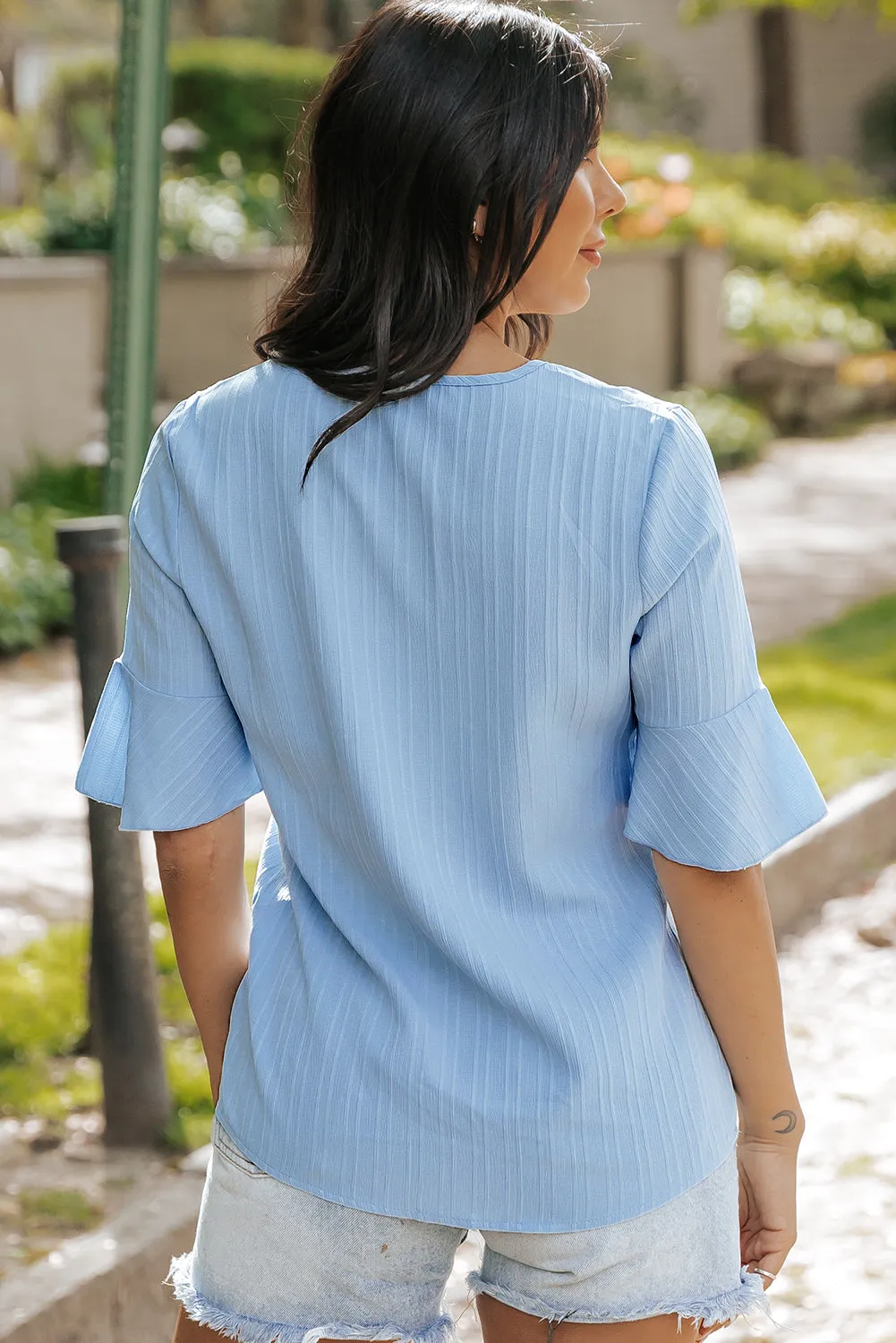 Ruffled V Neck Textured Top
