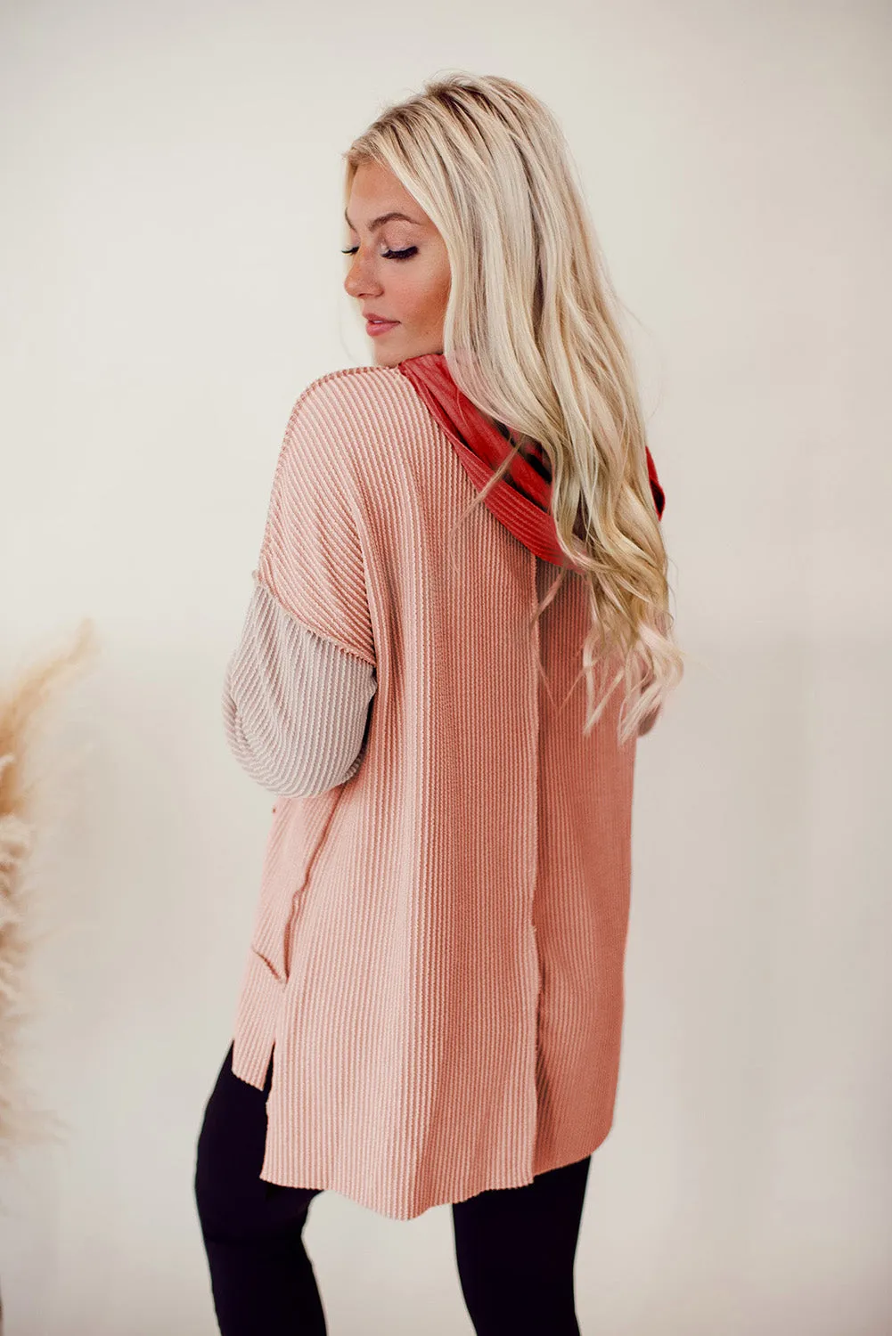 Salmon Color Block Kangaroo Pocket High Low Hoodie