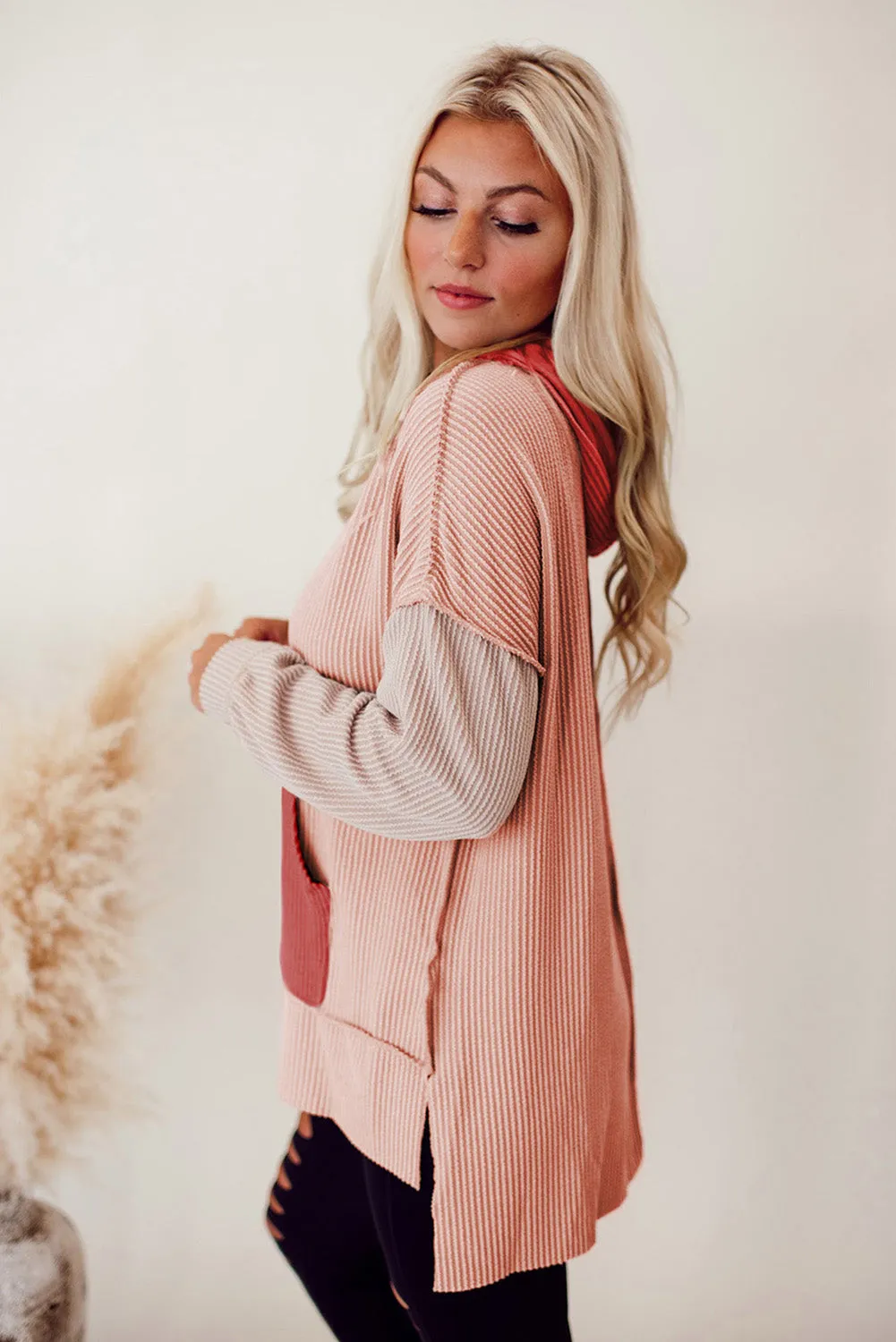 Salmon Color Block Kangaroo Pocket High Low Hoodie