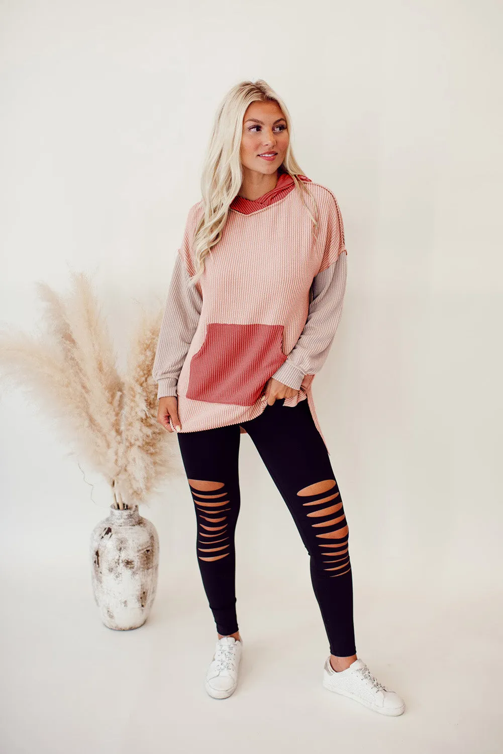 Salmon Color Block Kangaroo Pocket High Low Hoodie