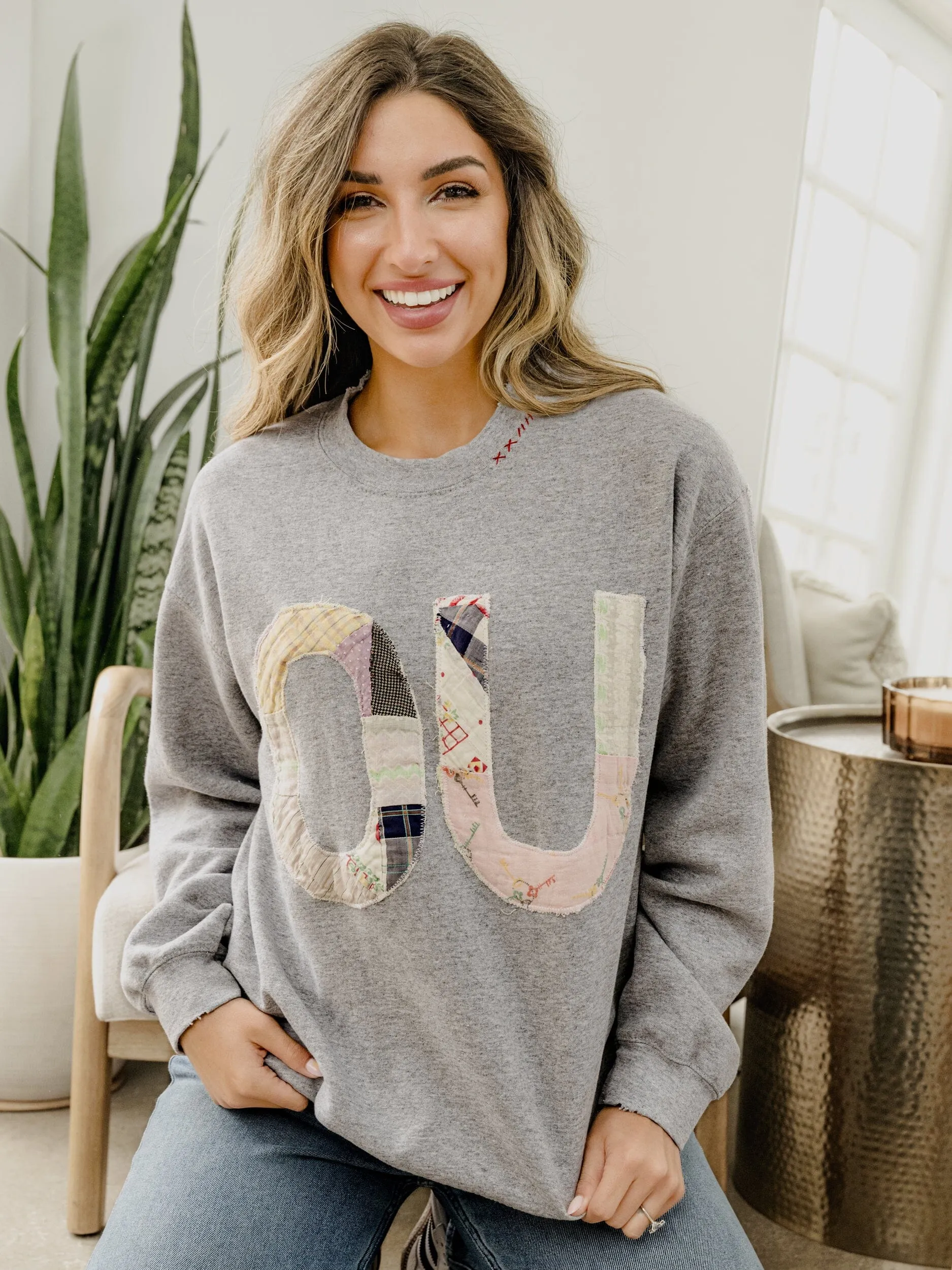 Small OU Quilted Applique Gray Thrifted Sweatshirt