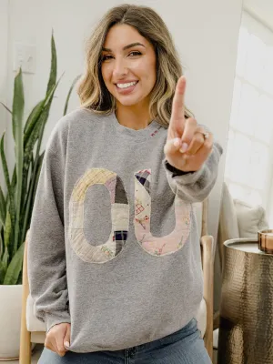 Small OU Quilted Applique Gray Thrifted Sweatshirt