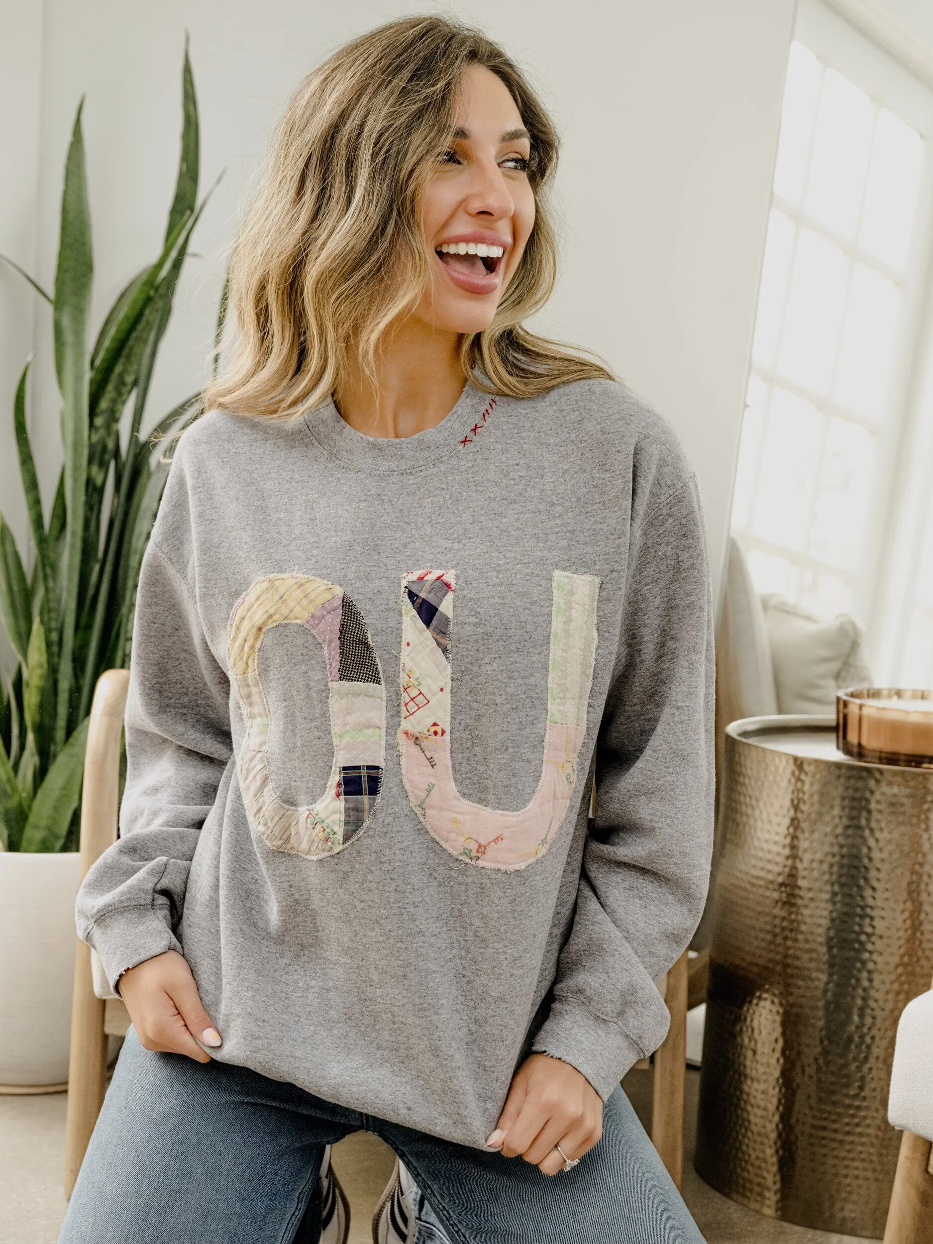 Small OU Quilted Applique Gray Thrifted Sweatshirt