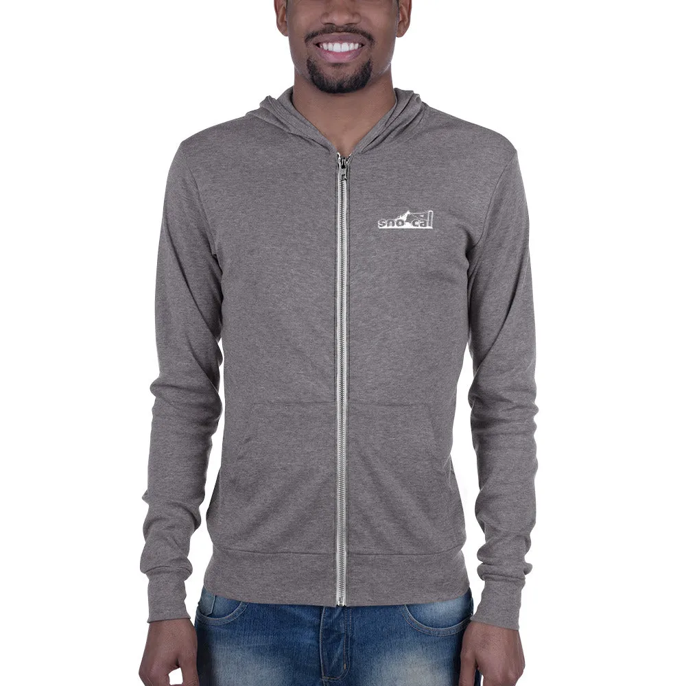 Sno Cal™ Unisex zip lightweight hoodie with black lettering logo