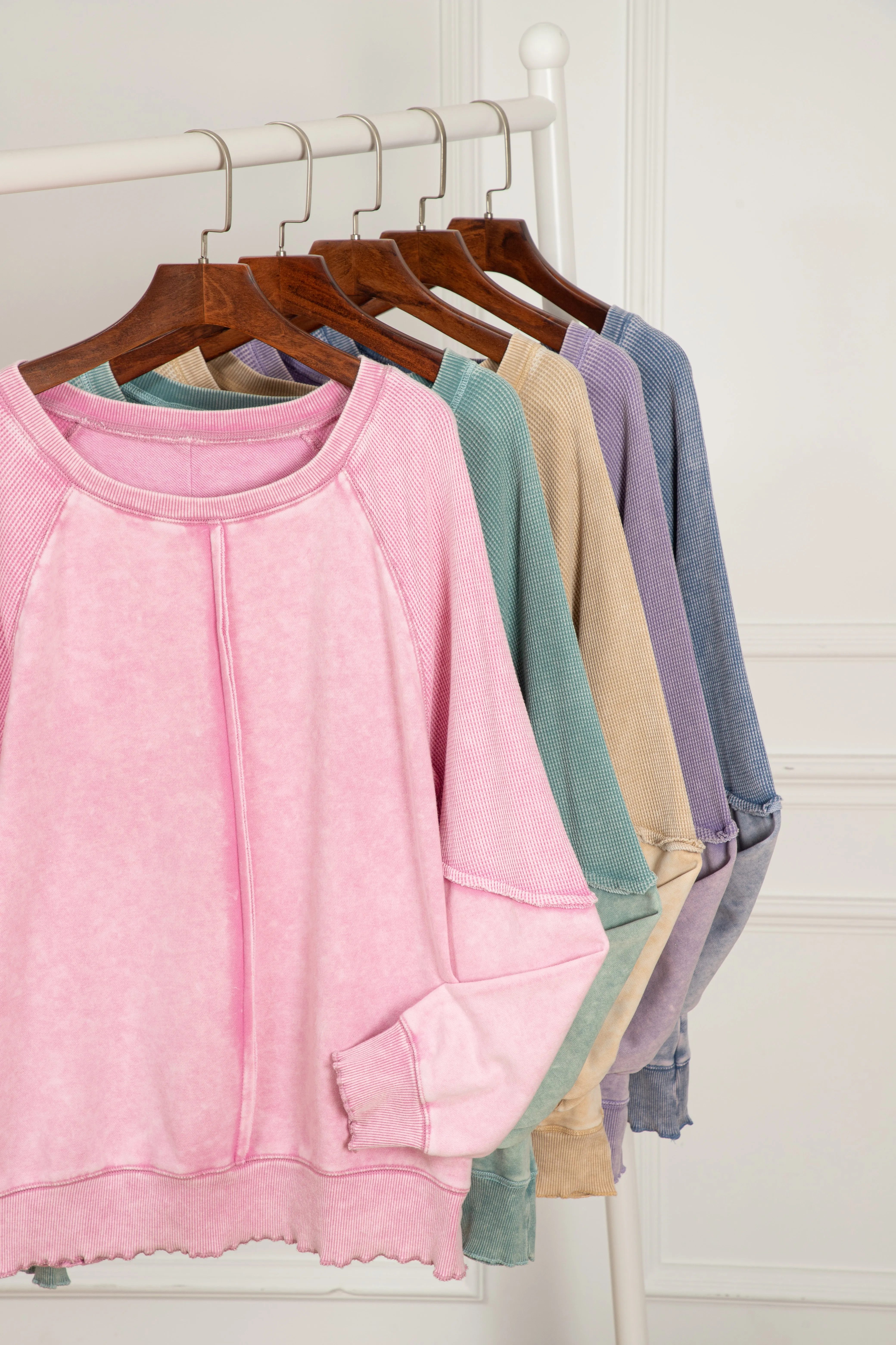 Solid Waffle Knit Patchwork Sweatshirt