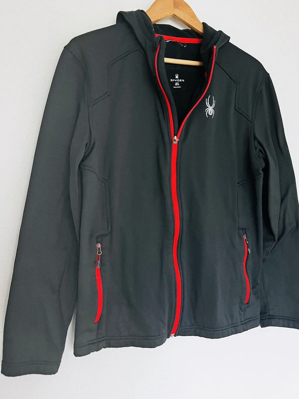 Spyder Mens Black HydroWeb Waterproof Sz M Zip Front Soft Shell Hooded Jacket