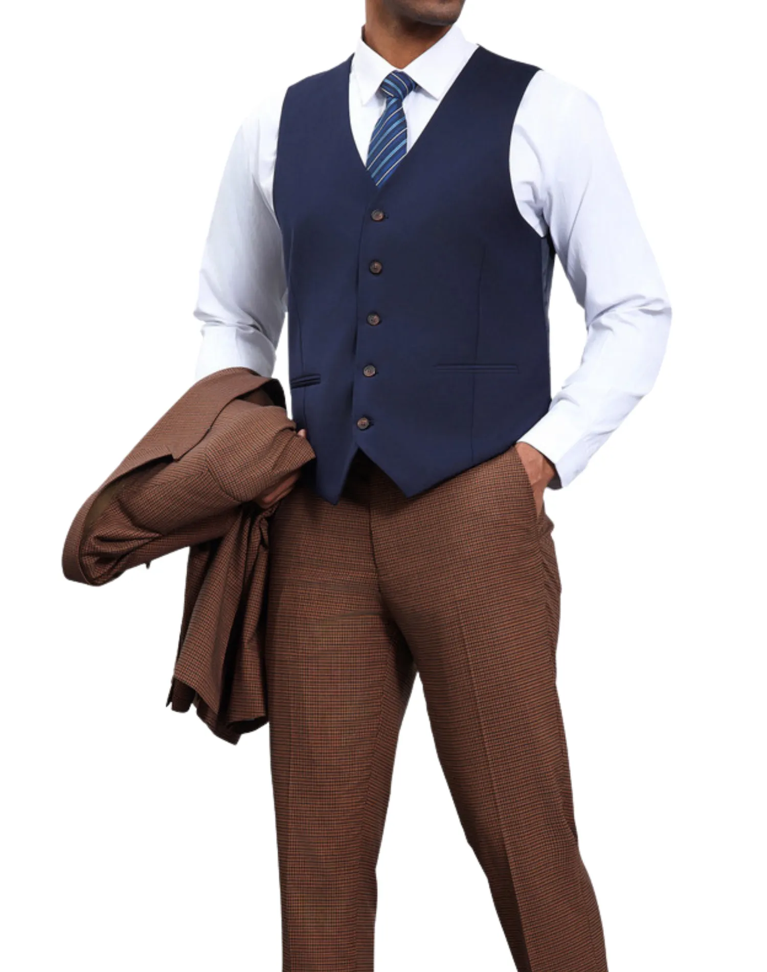 Stacy Adams Glen Plaid Classic Fit Vested Suit - Brown & Navy Blue