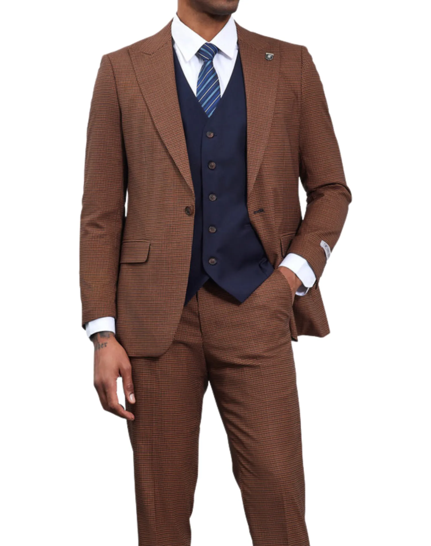 Stacy Adams Glen Plaid Classic Fit Vested Suit - Brown & Navy Blue