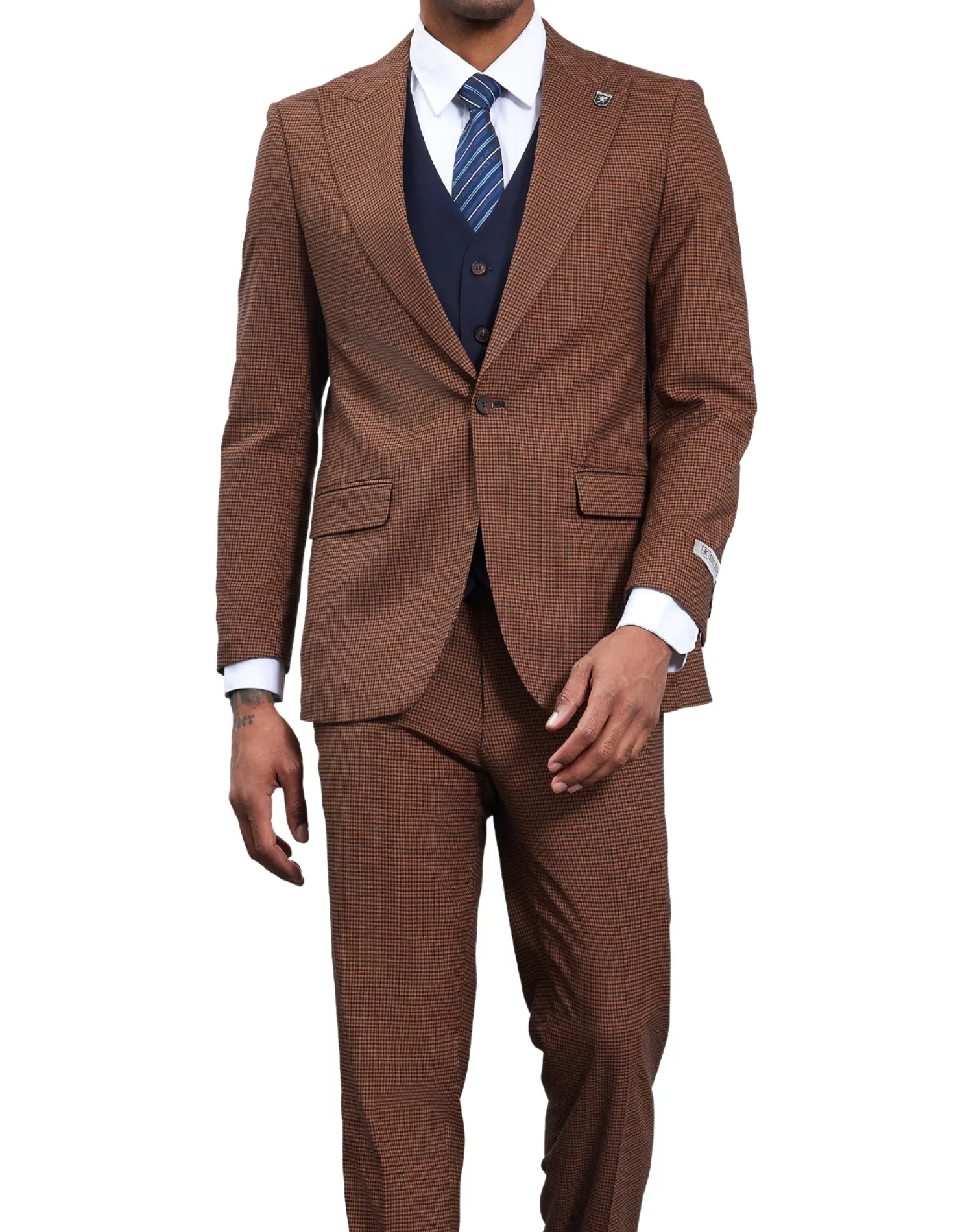 Stacy Adams Glen Plaid Classic Fit Vested Suit - Brown & Navy Blue