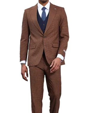 Stacy Adams Glen Plaid Classic Fit Vested Suit - Brown & Navy Blue
