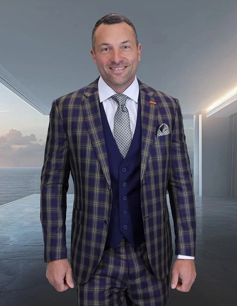 Statement Men's 3-Piece Modern Fit Suit – 100% Wool with Coordinating Solid Vest