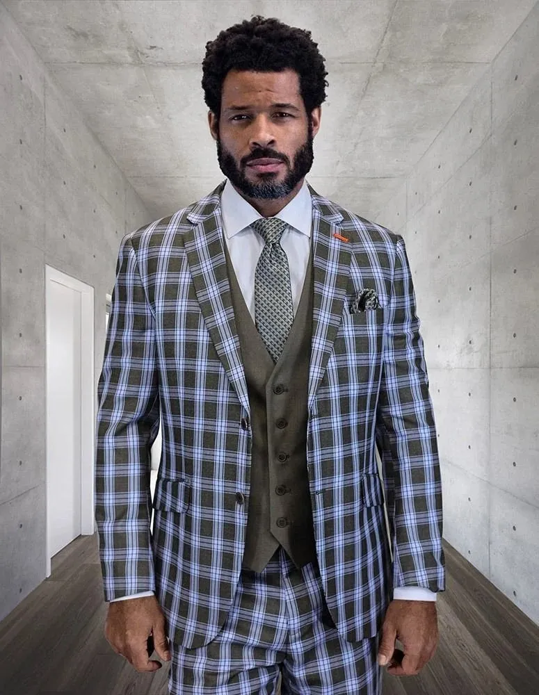 Statement Men's 3-Piece Modern Fit Suit – 100% Wool with Coordinating Solid Vest