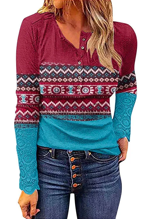 Stunncal V Neck Buttons Printed Bottoming Shirt