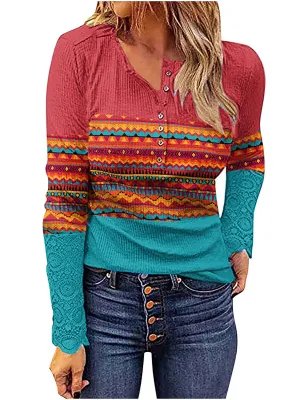 Stunncal V Neck Buttons Printed Bottoming Shirt