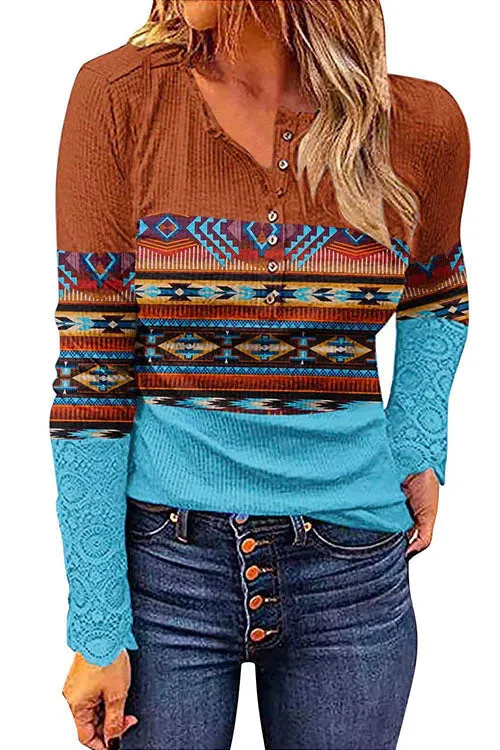 Stunncal V Neck Buttons Printed Bottoming Shirt